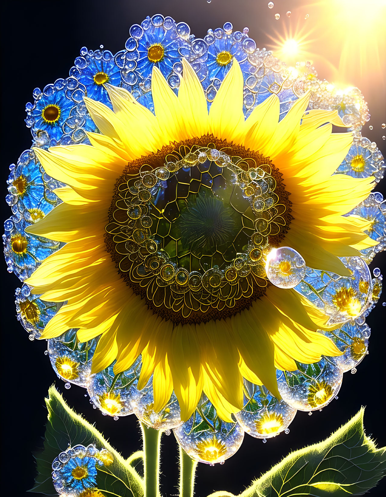 Vibrant sunflower with water droplets on dark background