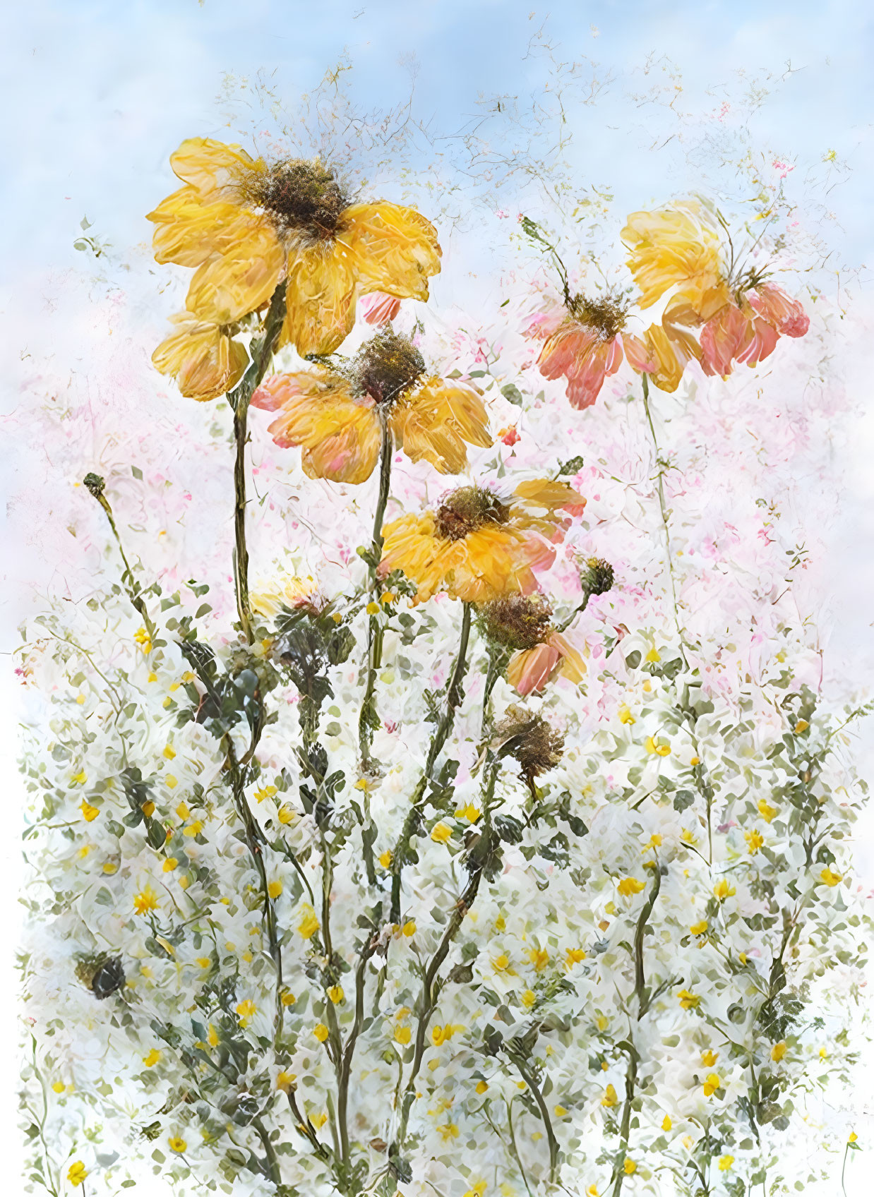 Colorful painting of yellow and pink flowers under a bright sky