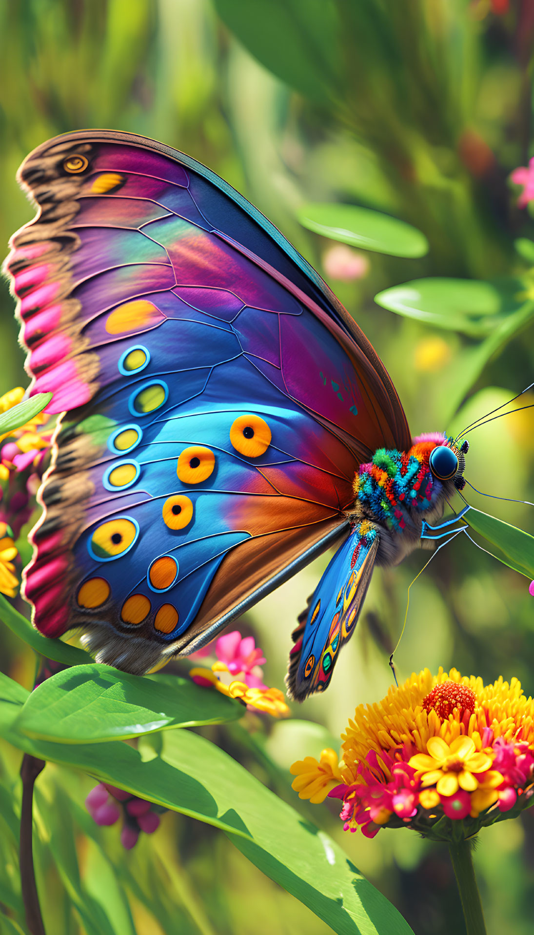 Colorful Butterfly on Vibrant Flowers in Digital Art