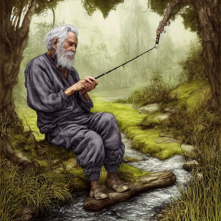 Elderly man fishing by stream in lush greenery