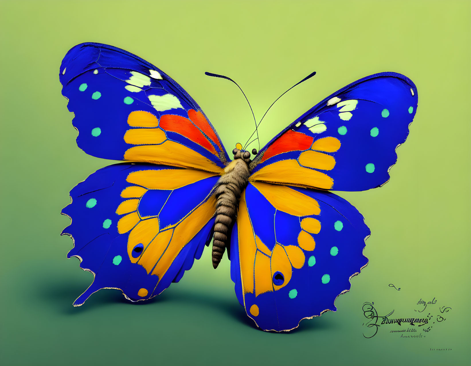 Colorful Butterfly Digital Illustration with Blue and Yellow Wings on Green Background