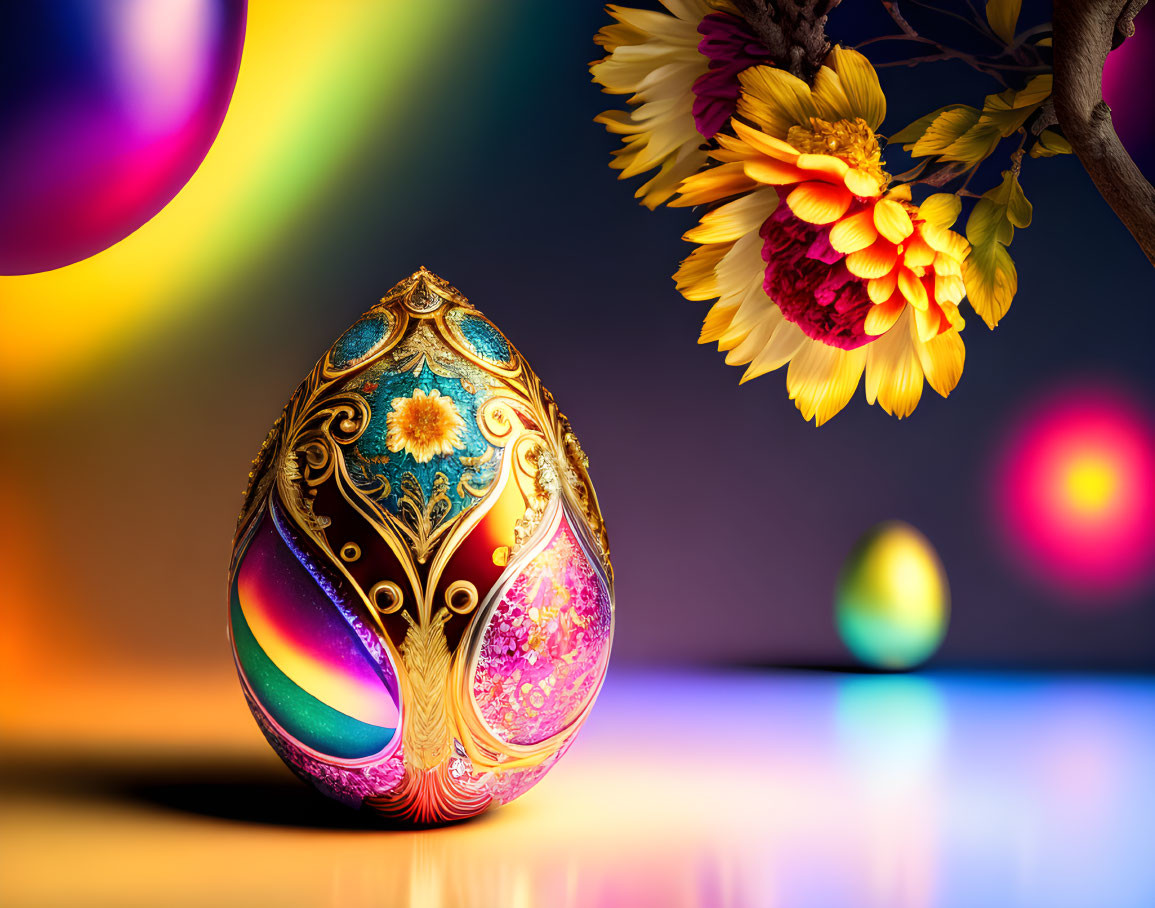 Colorful Easter egg with ornate decorations and yellow flowers on bokeh background