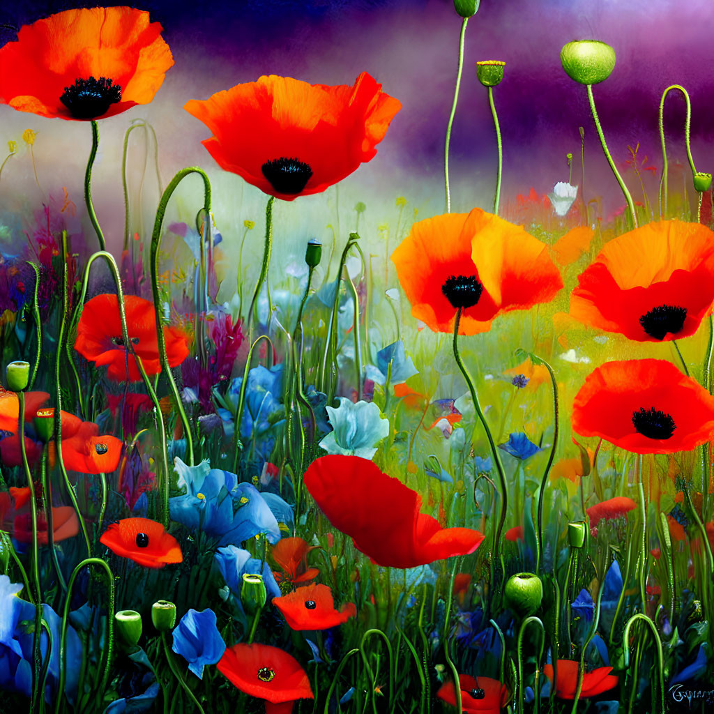 Colorful meadow with red poppies and blue flowers under purple sky