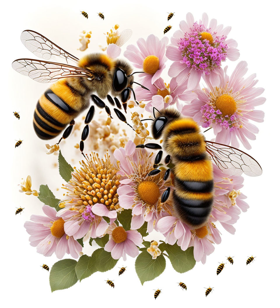 Large Bees Hovering Over Pink Flowers on White Background