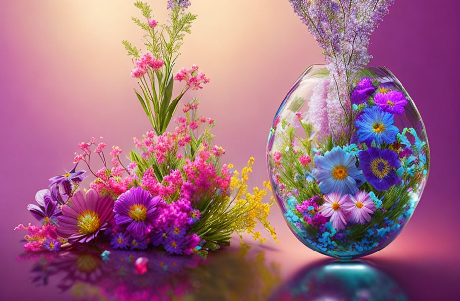 Colorful Flower Arrangement in Transparent Vases on Purple Background