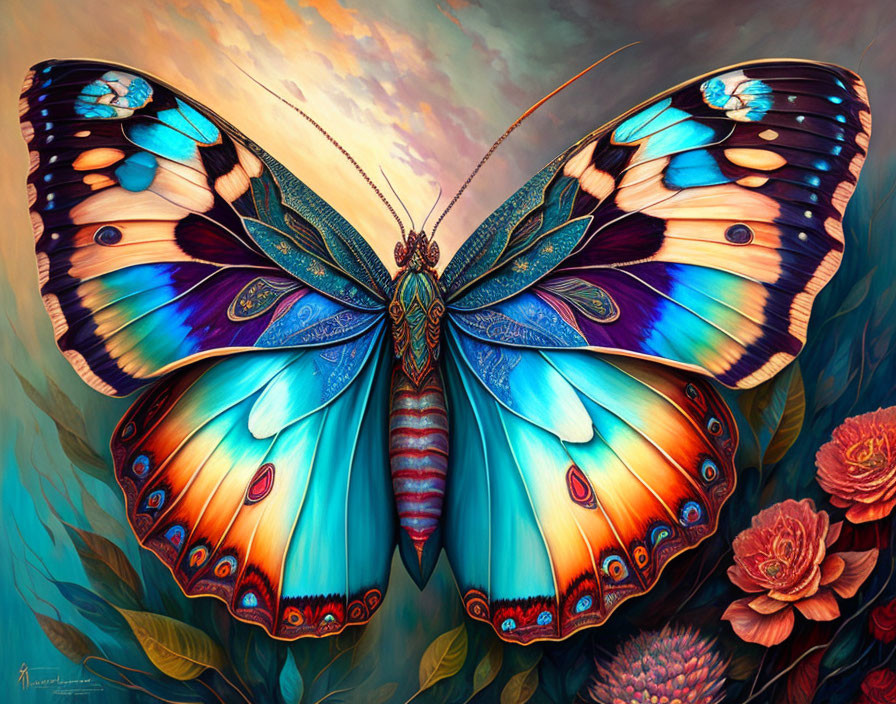 Colorful digital artwork of a blue and orange butterfly among intricate floral patterns