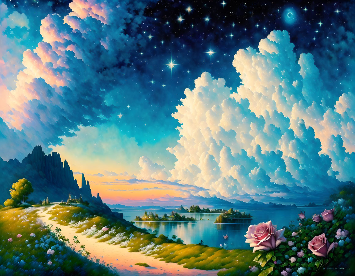 Surreal landscape with starry sky, sunset, pathway, and flowers