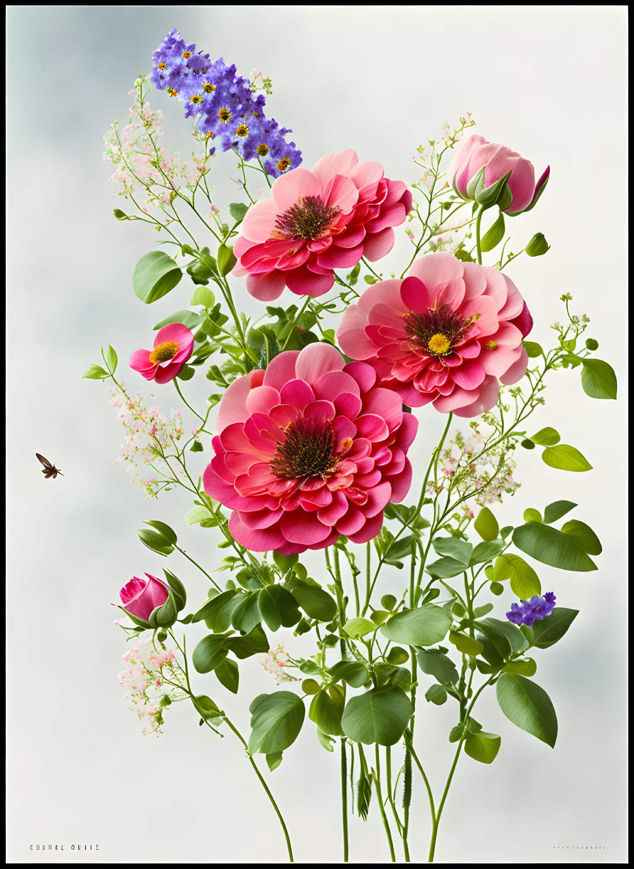 Colorful bouquet with pink, purple flowers, greenery, butterfly on cloudy background