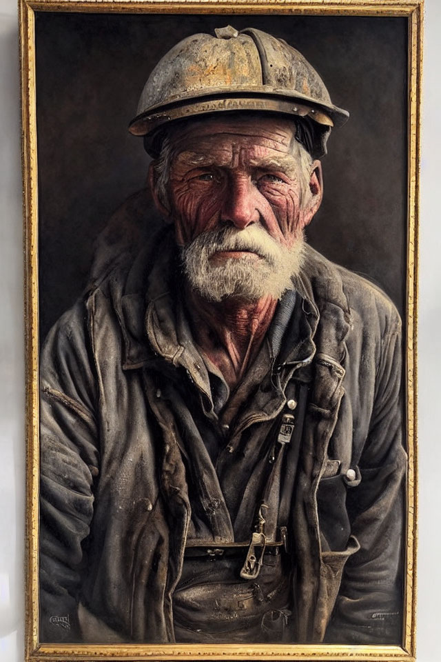 Elderly miner portrait with hard hat, covered in soot, displayed on wall