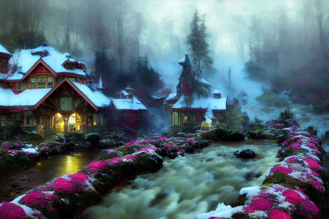 Rustic houses among trees by river at twilight