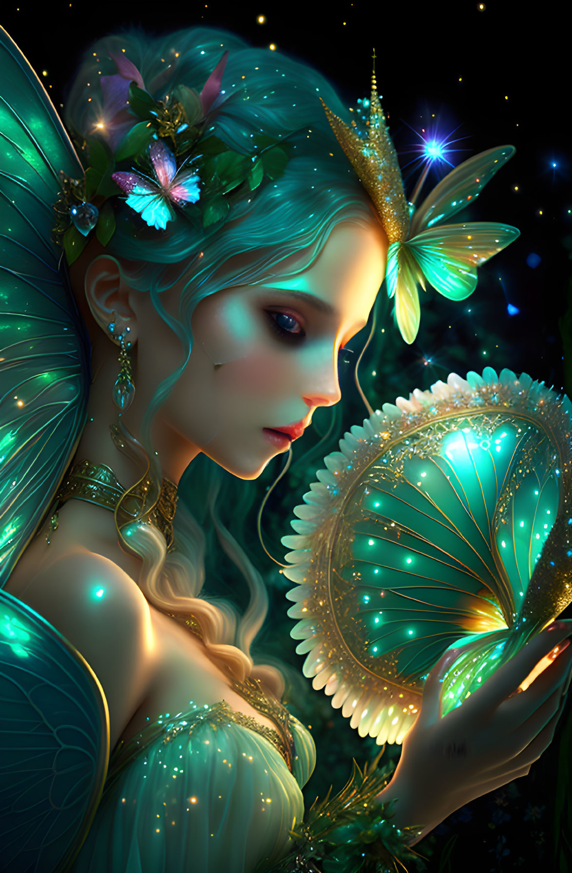 Ethereal digital artwork of fairy with luminescent wings and butterflies in hair, gazing into