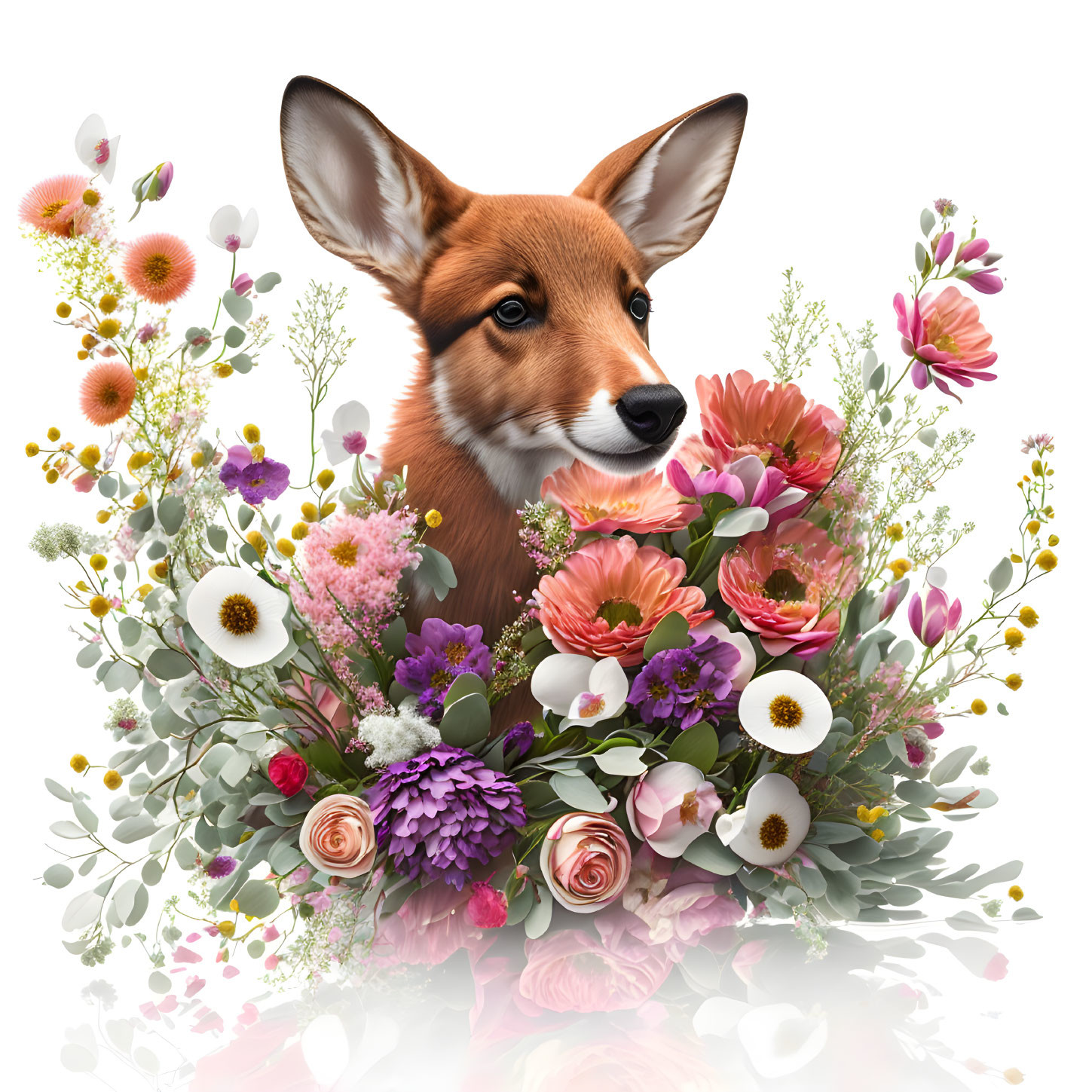 Colorful Corgi Head Surrounded by Flowers on White Background