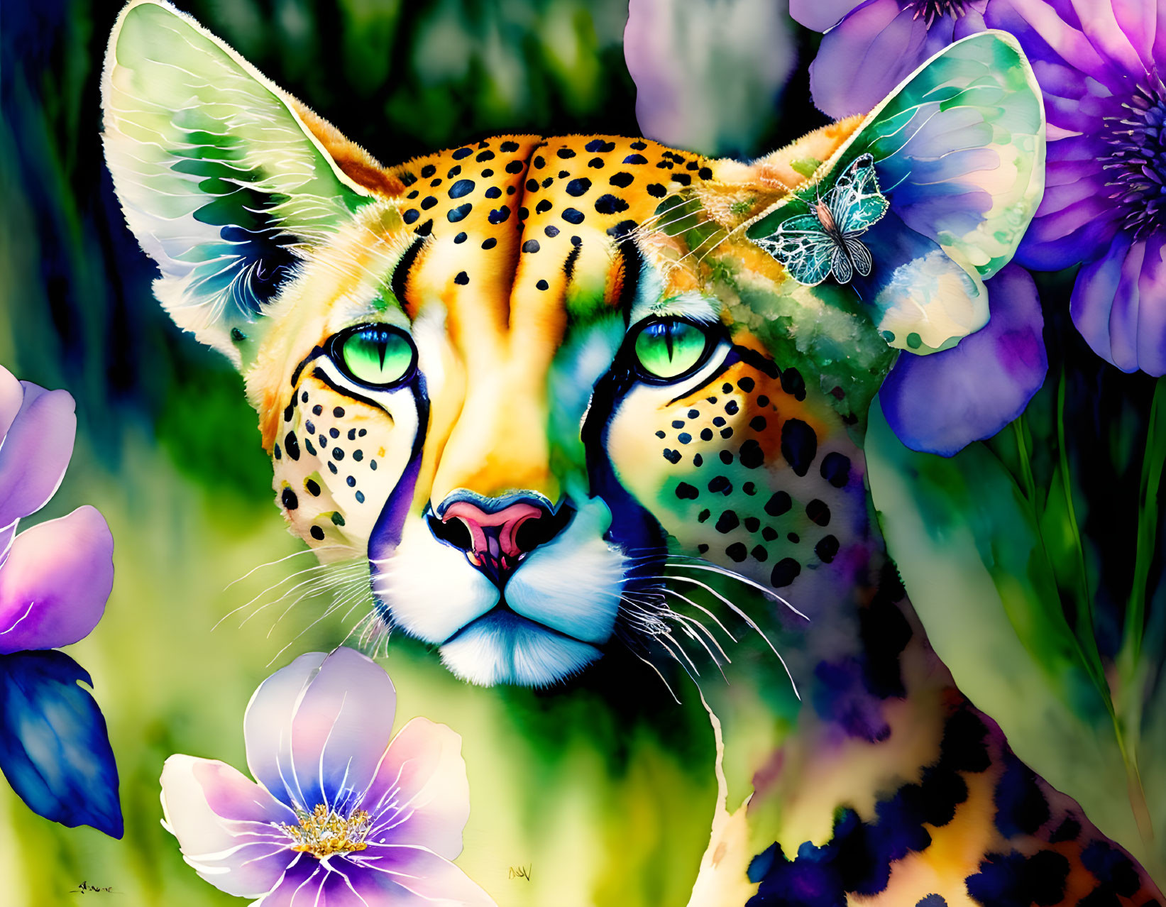 Colorful Leopard Digital Art with Green Eyes and Purple Flowers