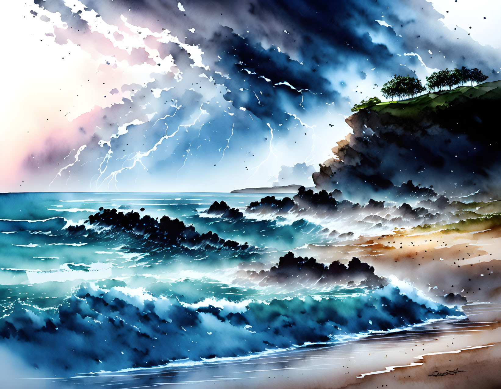 Dramatic storm digital painting with lightning over turbulent sea