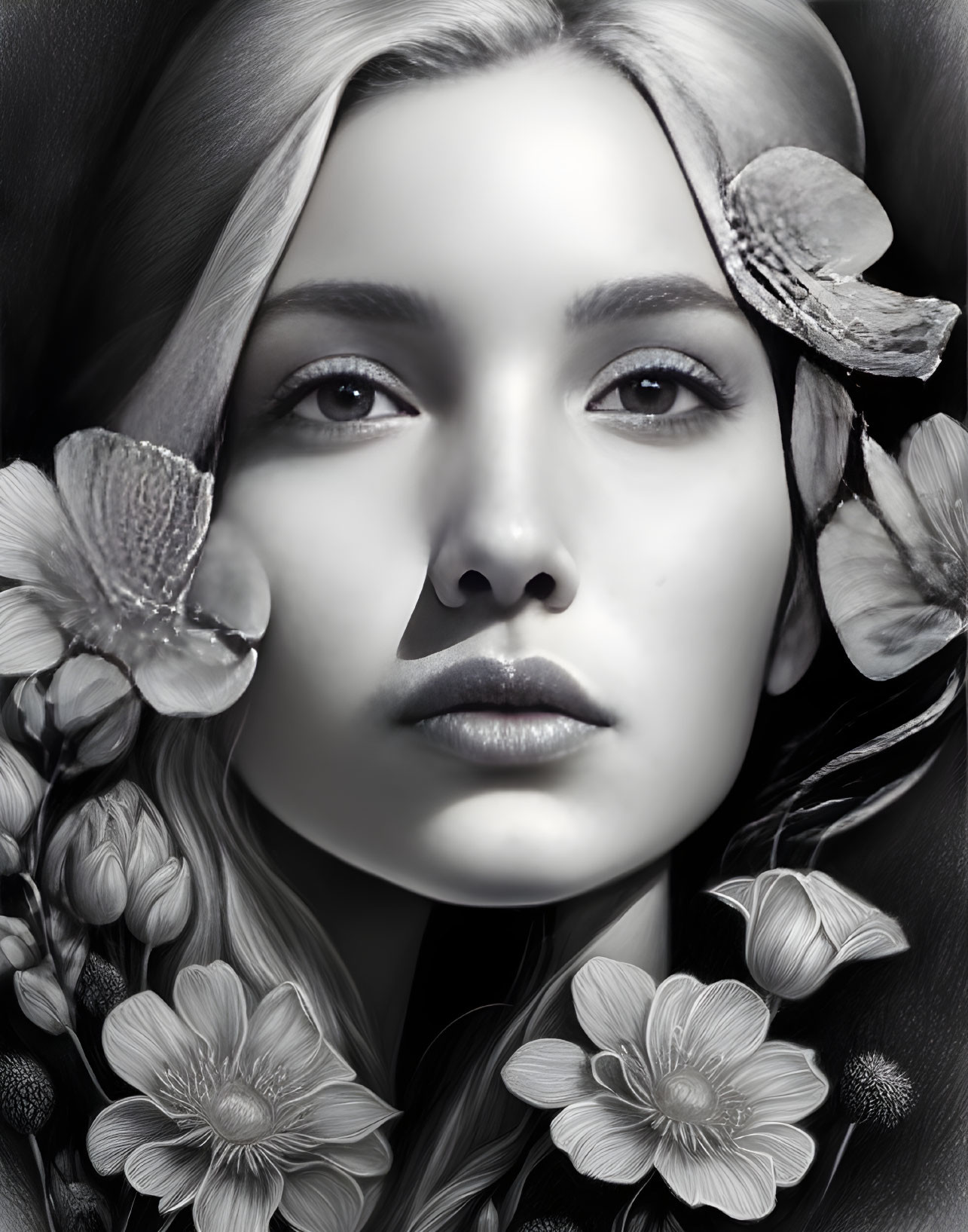 Monochrome portrait of woman with flower-adorned hair and intricate textures