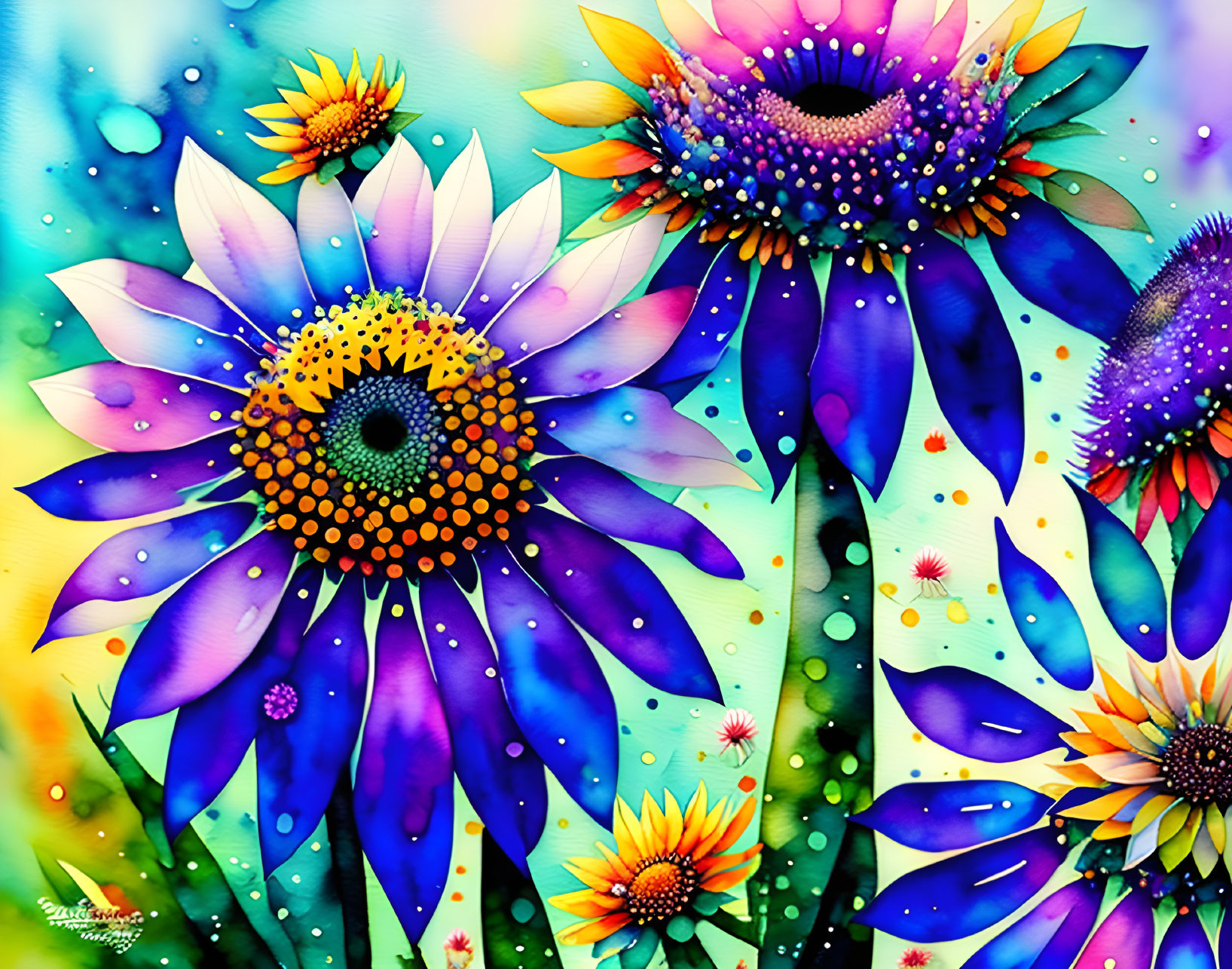 Colorful Stylized Flowers in Digital Painting: Vibrant Patterns and Whimsical Garden