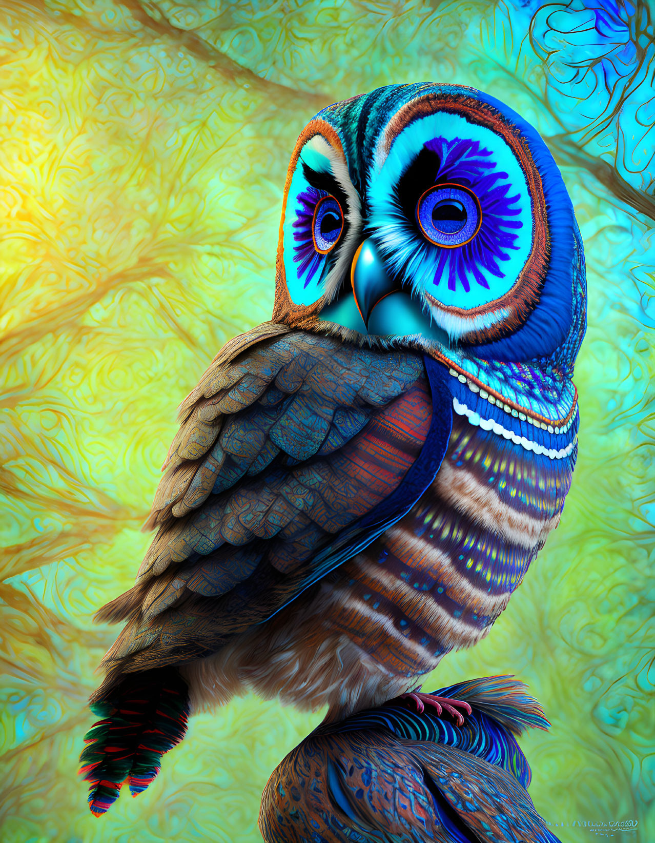 Colorful Stylized Owl Artwork with Swirling Background