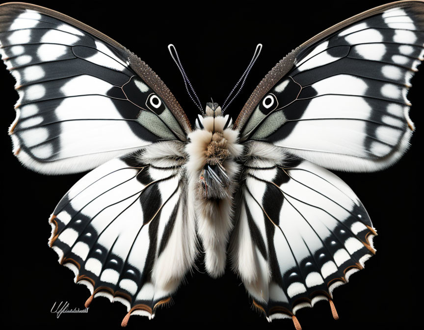 Symmetrical Black and White Butterfly Image with Vivid Spots