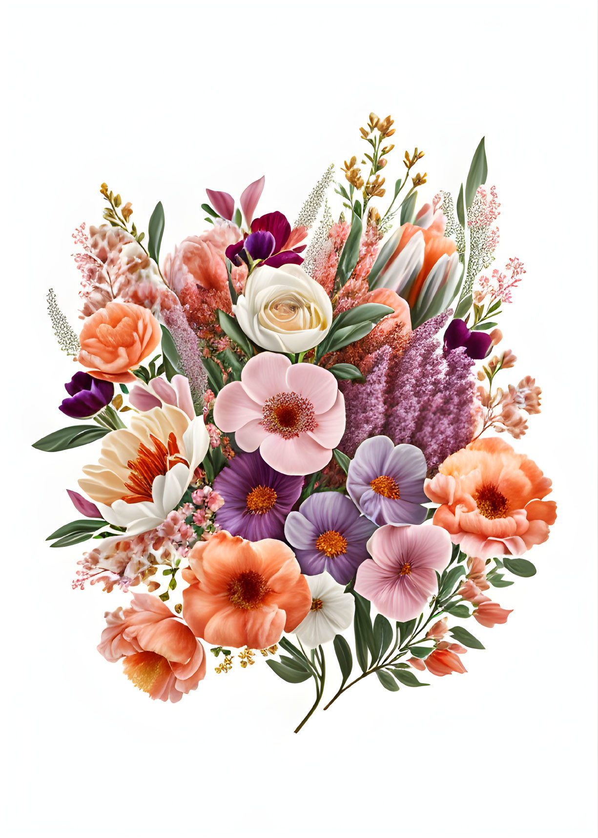 Colorful Orange, Purple, and Pink Flower Bouquet on White Background