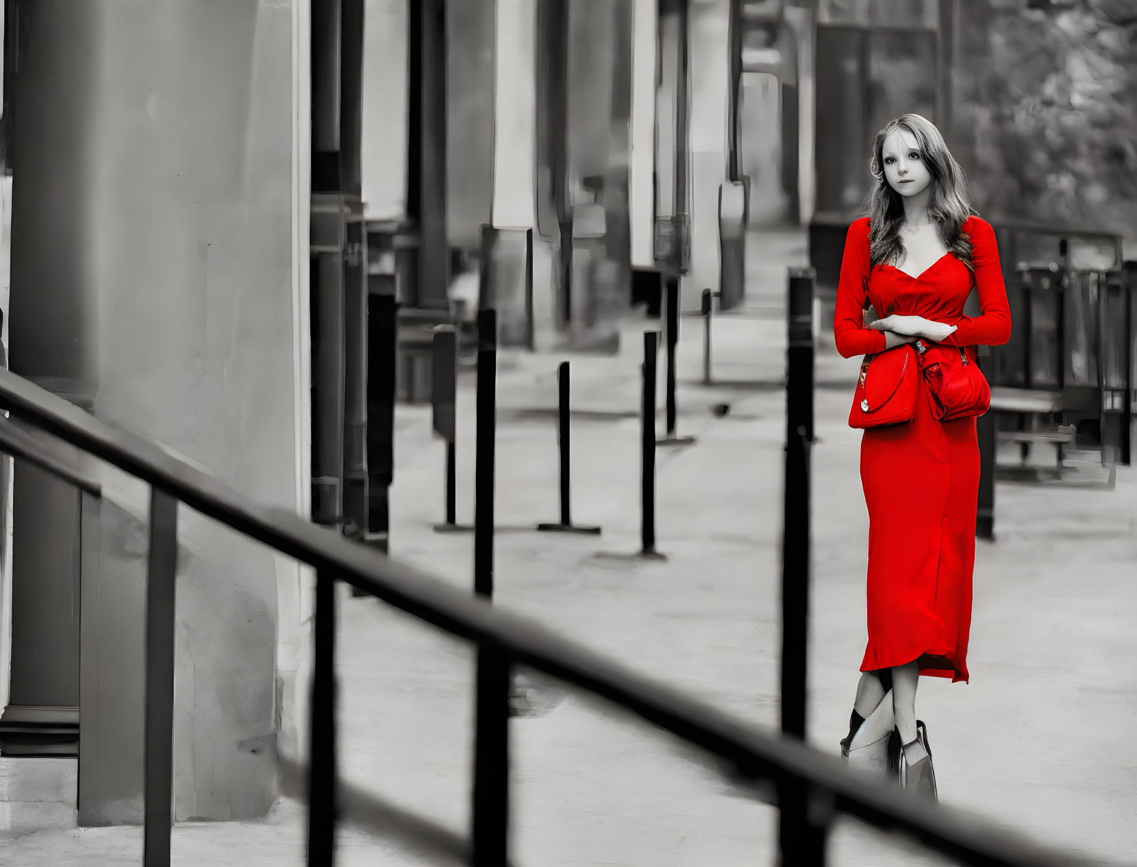 Woman in Red Dress and Coat in Urban Setting with Columns and Railings