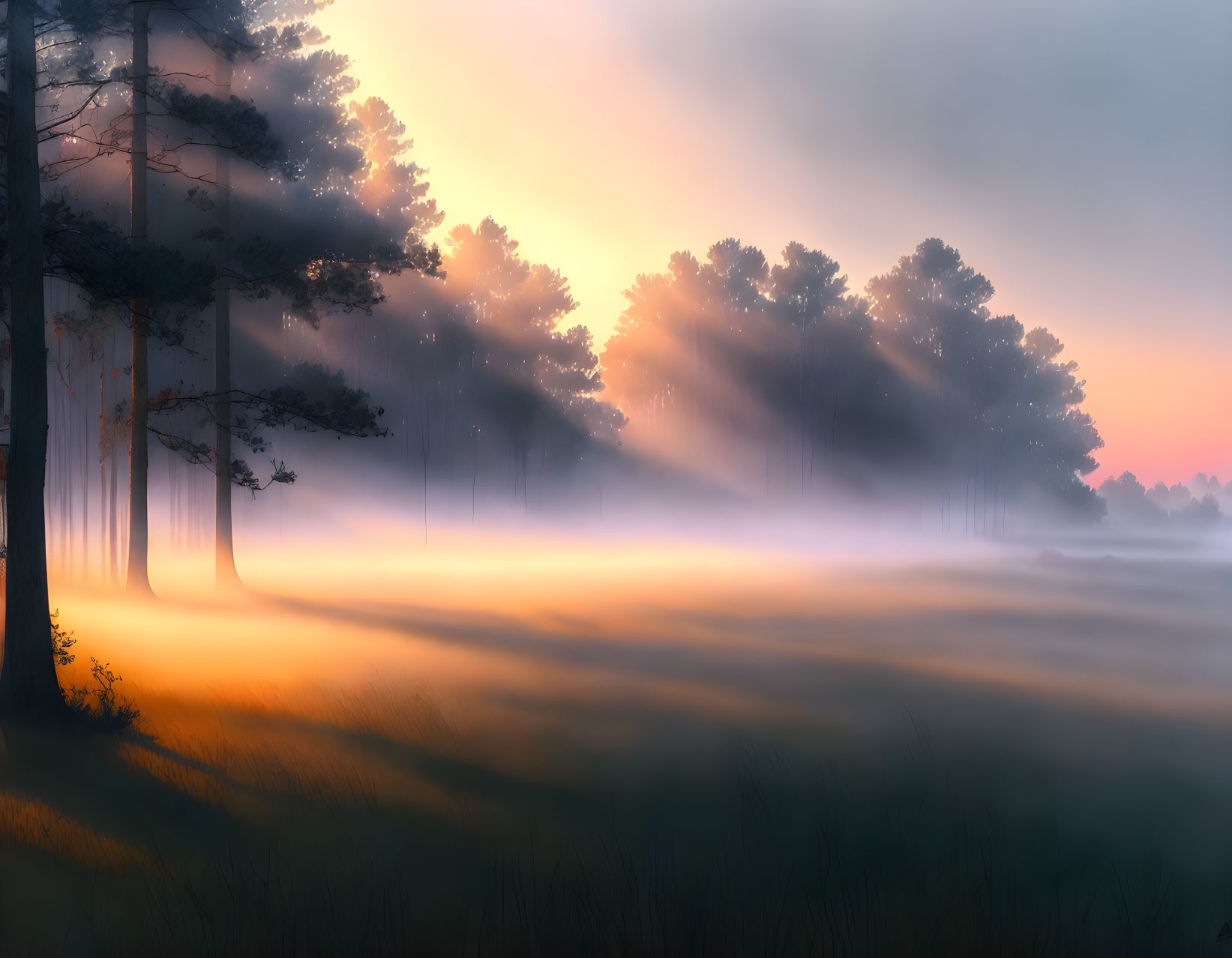 Tranquil forest sunrise with mist and sunbeams