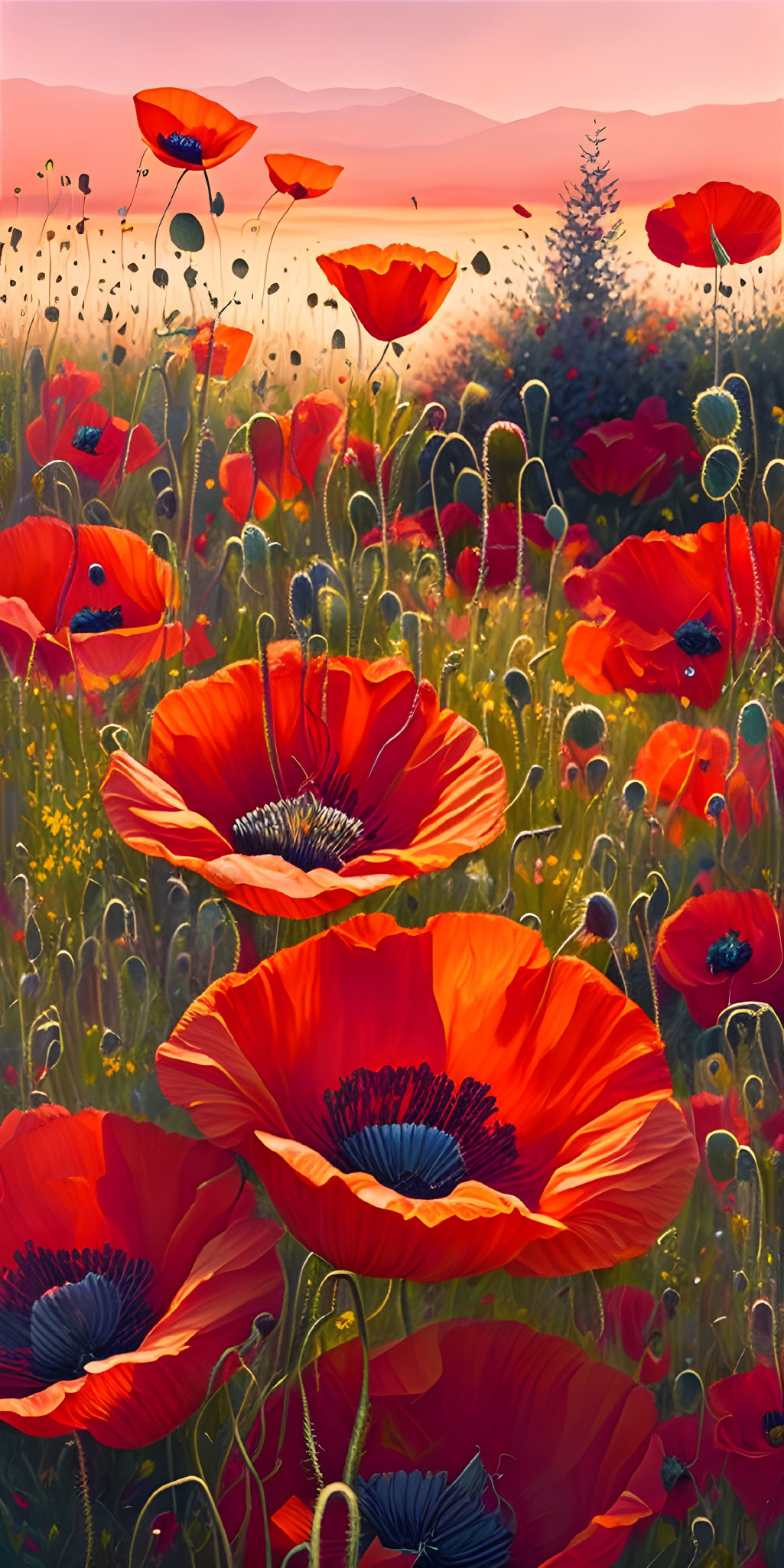 Vibrant red poppies in a field with soft-focus sunset backdrop