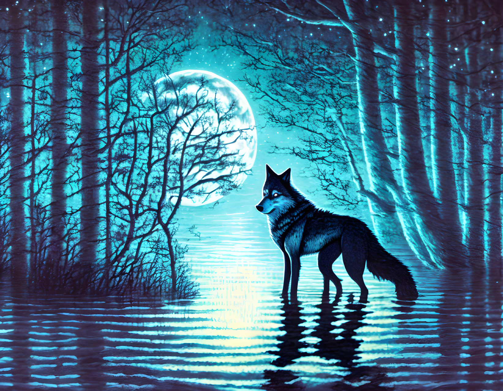 Wolf standing in moonlit blue forest with reflective water