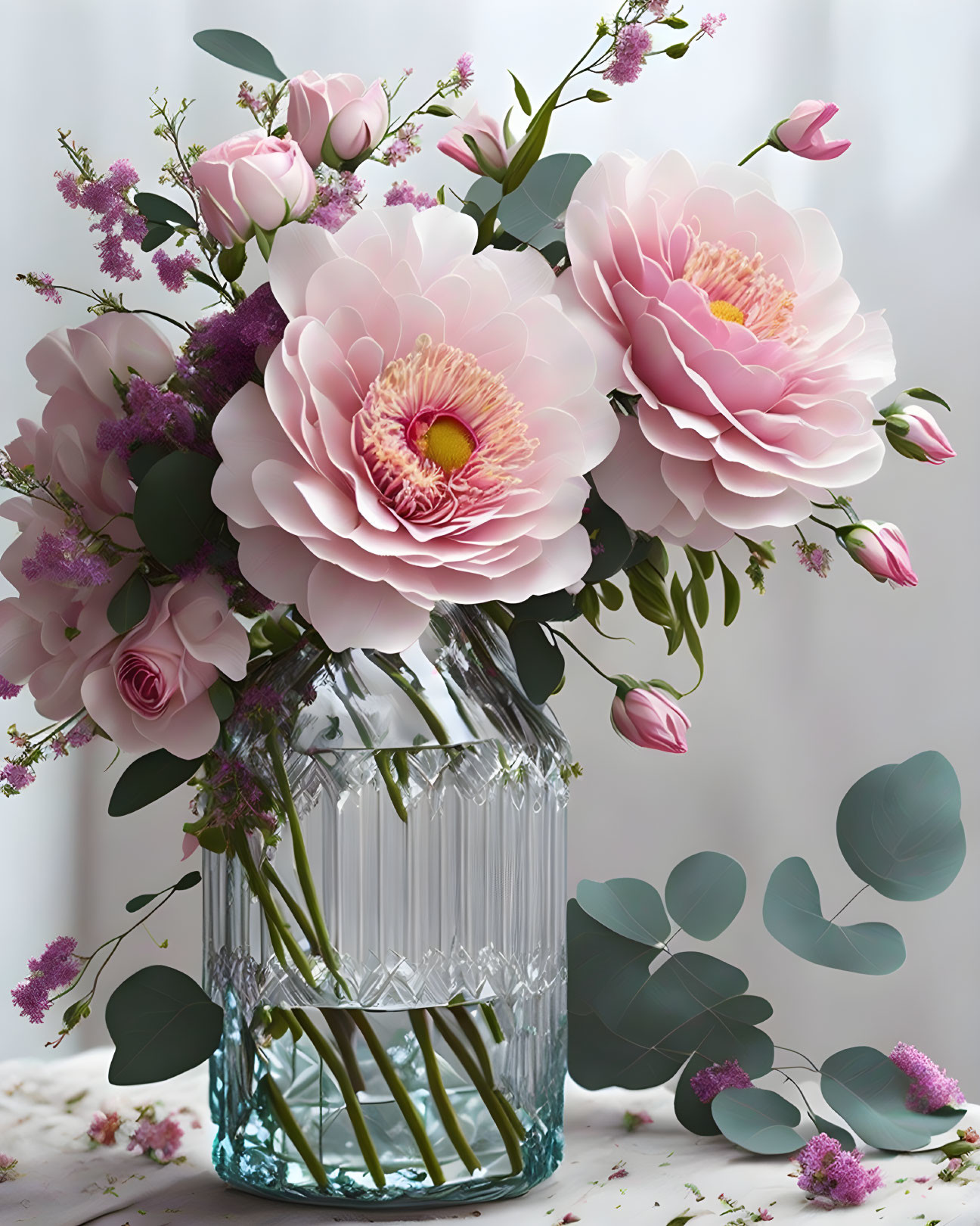 Pink peonies and roses in ribbed glass vase on soft backdrop