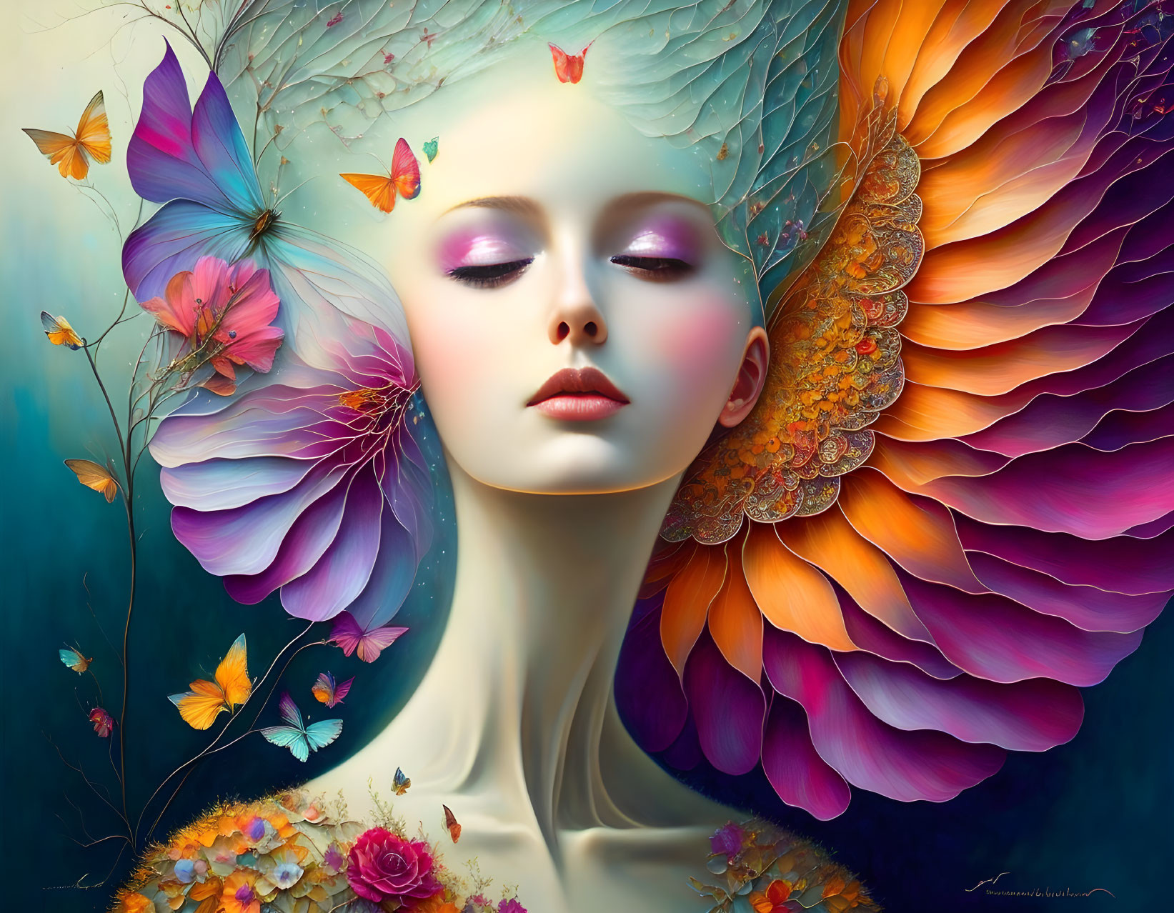 Colorful surreal portrait of woman with feather-like structures and butterflies