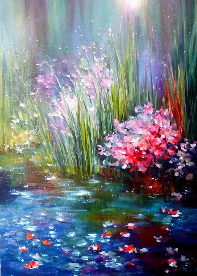 Vibrant Impressionist Painting of Serene Water Garden