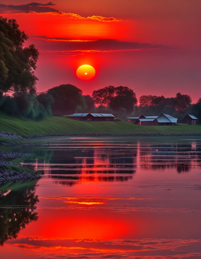 Vibrant red and purple sunset over calm river and cottages