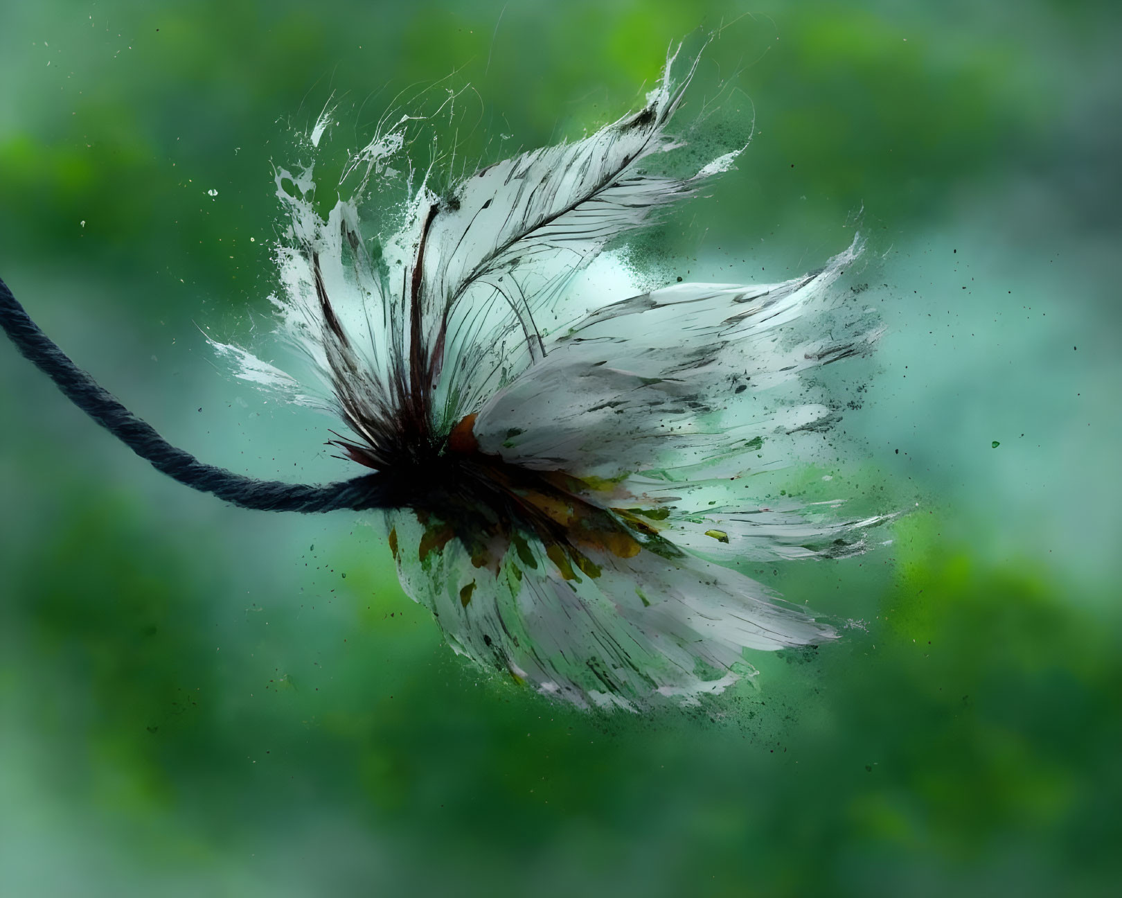 Bursting dandelion with white seeds on green bokeh.