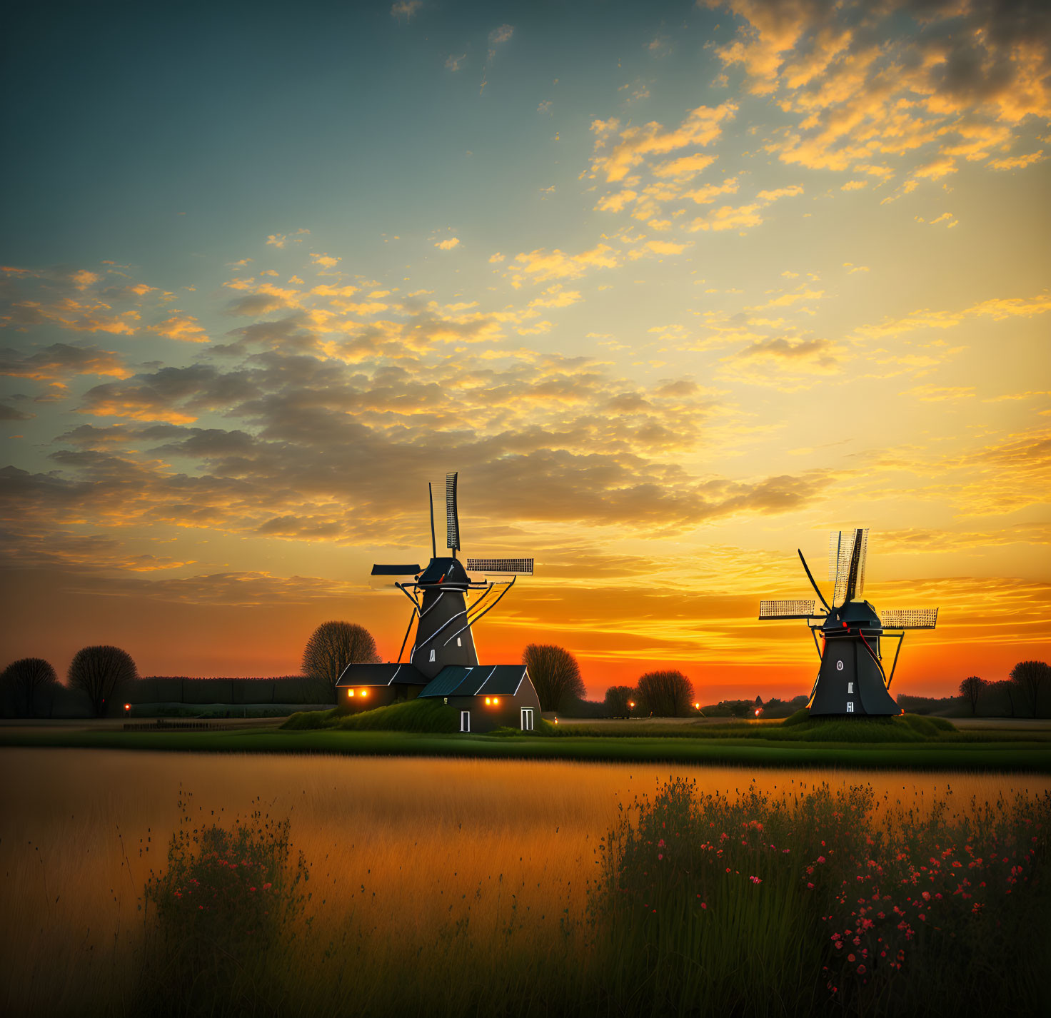 Dutch windmills by tranquil waterway at sunset