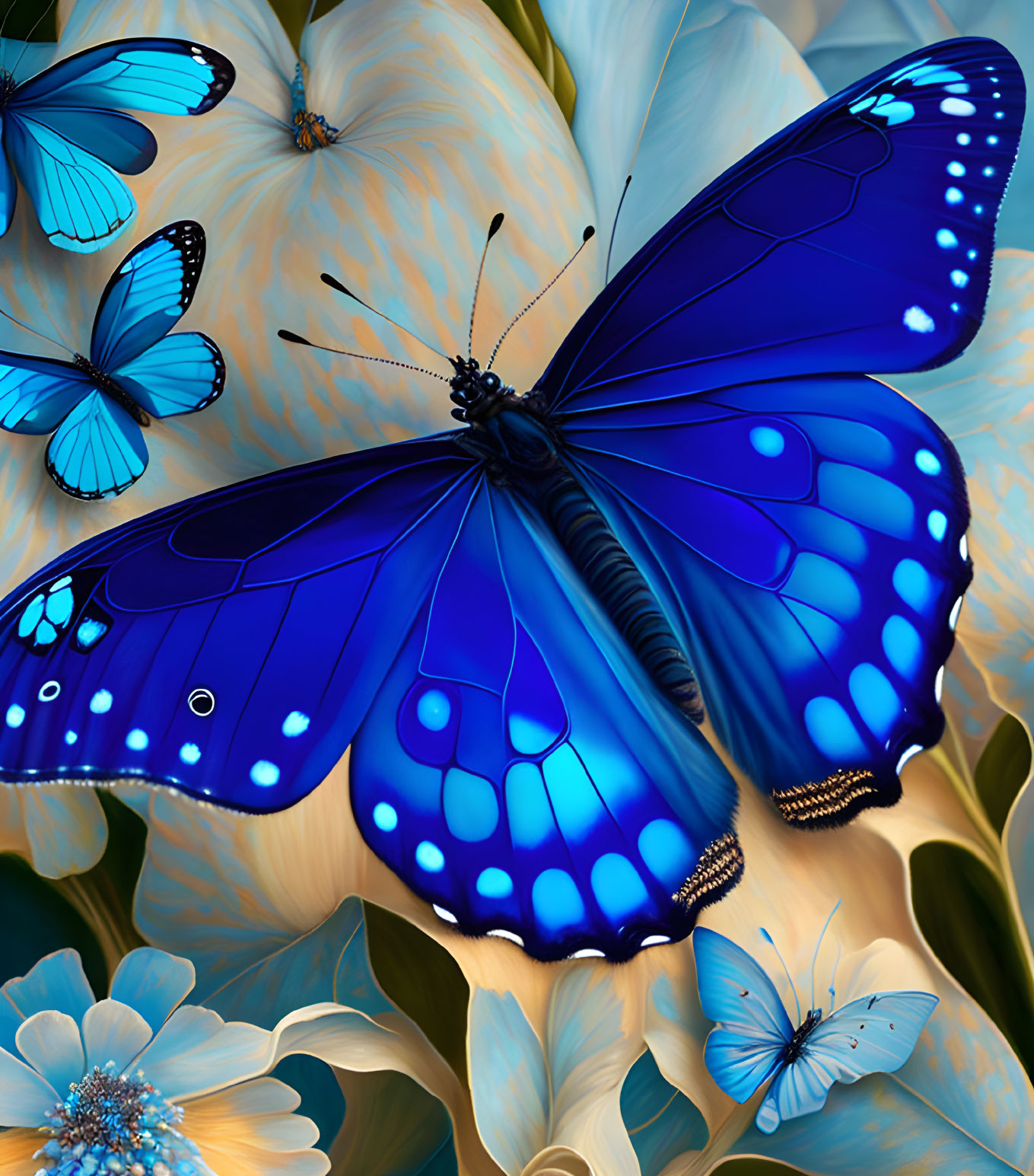 Blue butterfly with intricate patterns resting on pale flowers and smaller butterflies in soft backdrop