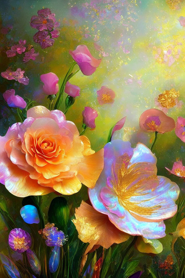 Digital Artwork: Luminescent Roses, Tulips, and Petals in Golden-lit Garden