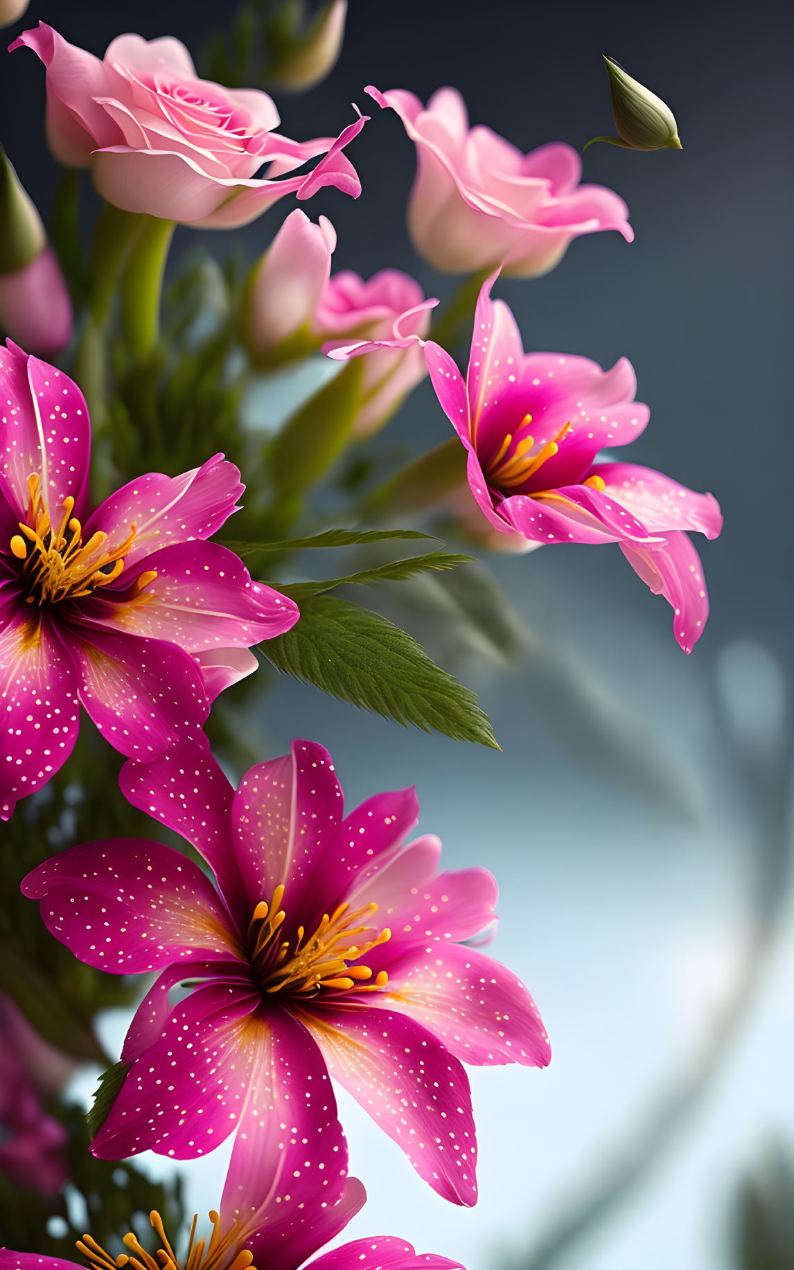 Vibrant pink flowers with yellow centers and white speckles, buds, and green leaves.