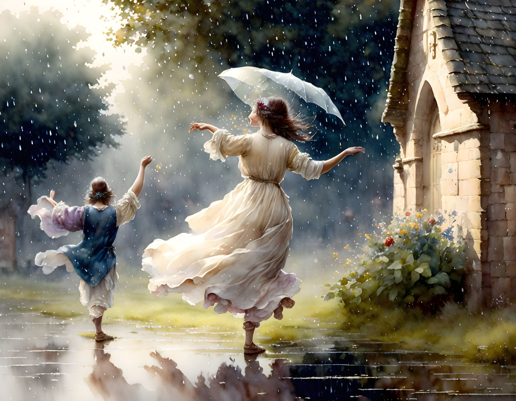 Two people dancing in rain near stone cottage with umbrella, sunlight through trees