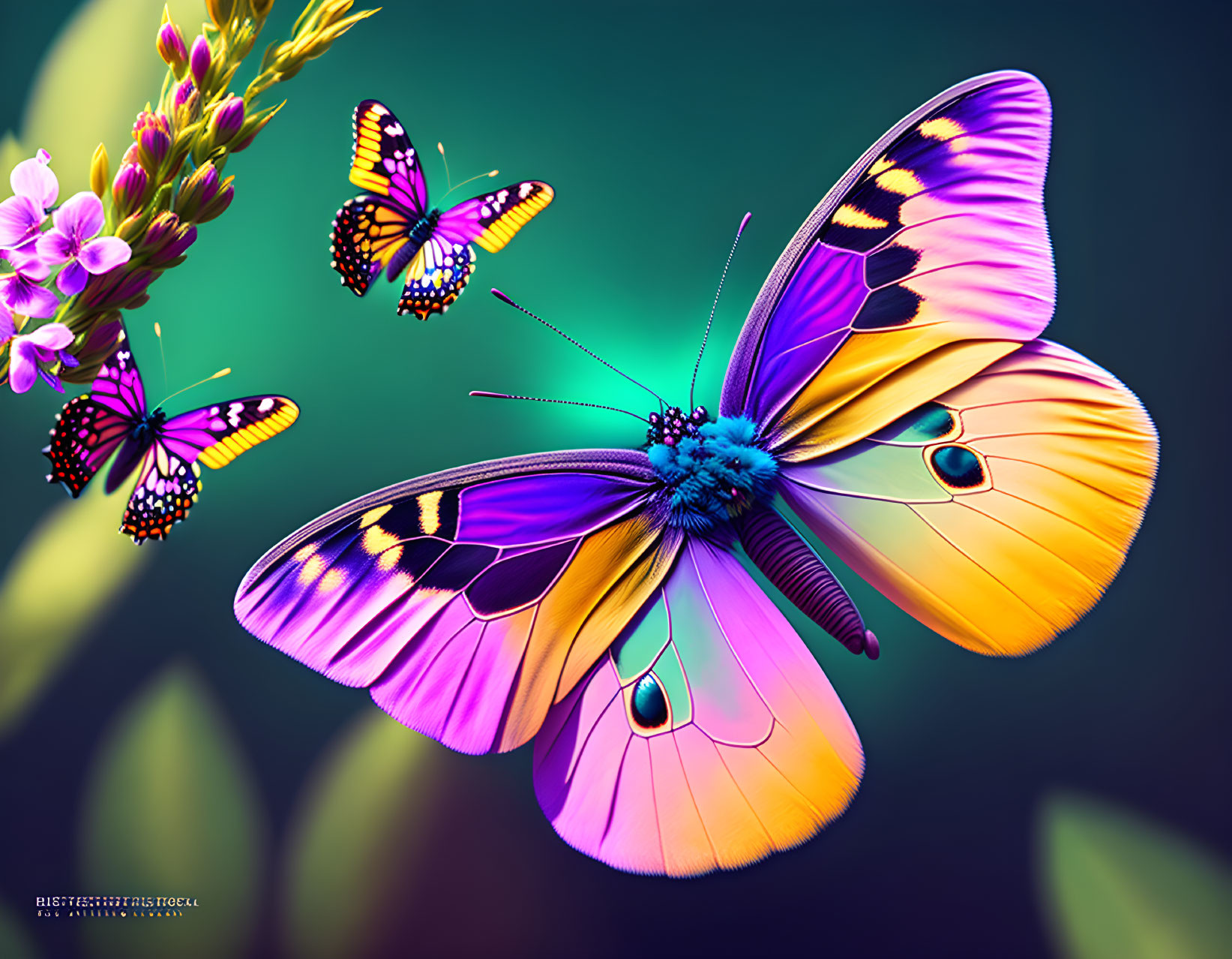 Colorful butterflies and flowers on teal background.