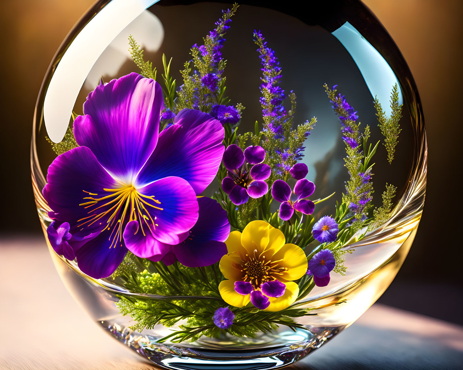 Purple and Yellow Flowers in Spherical Vase Display