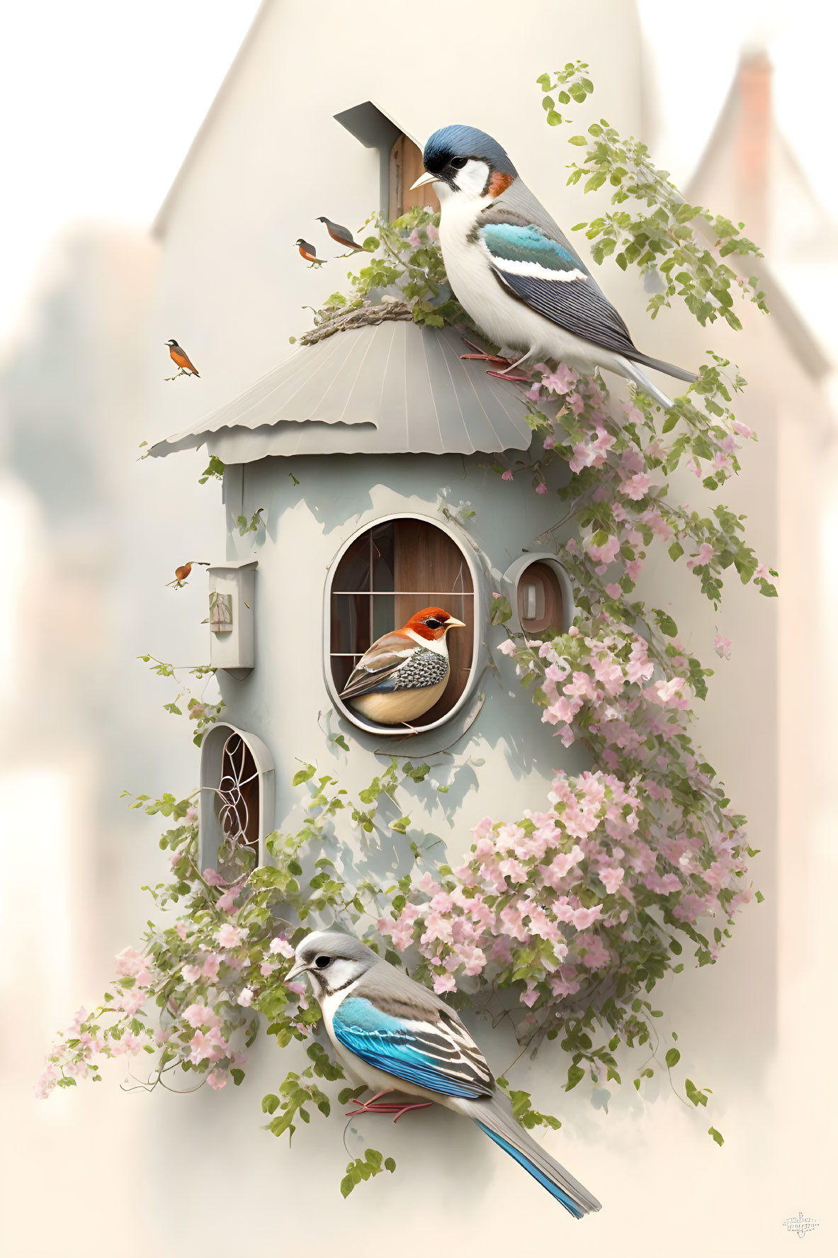 Illustration of whimsical birdhouse with pink blossoms and colorful birds