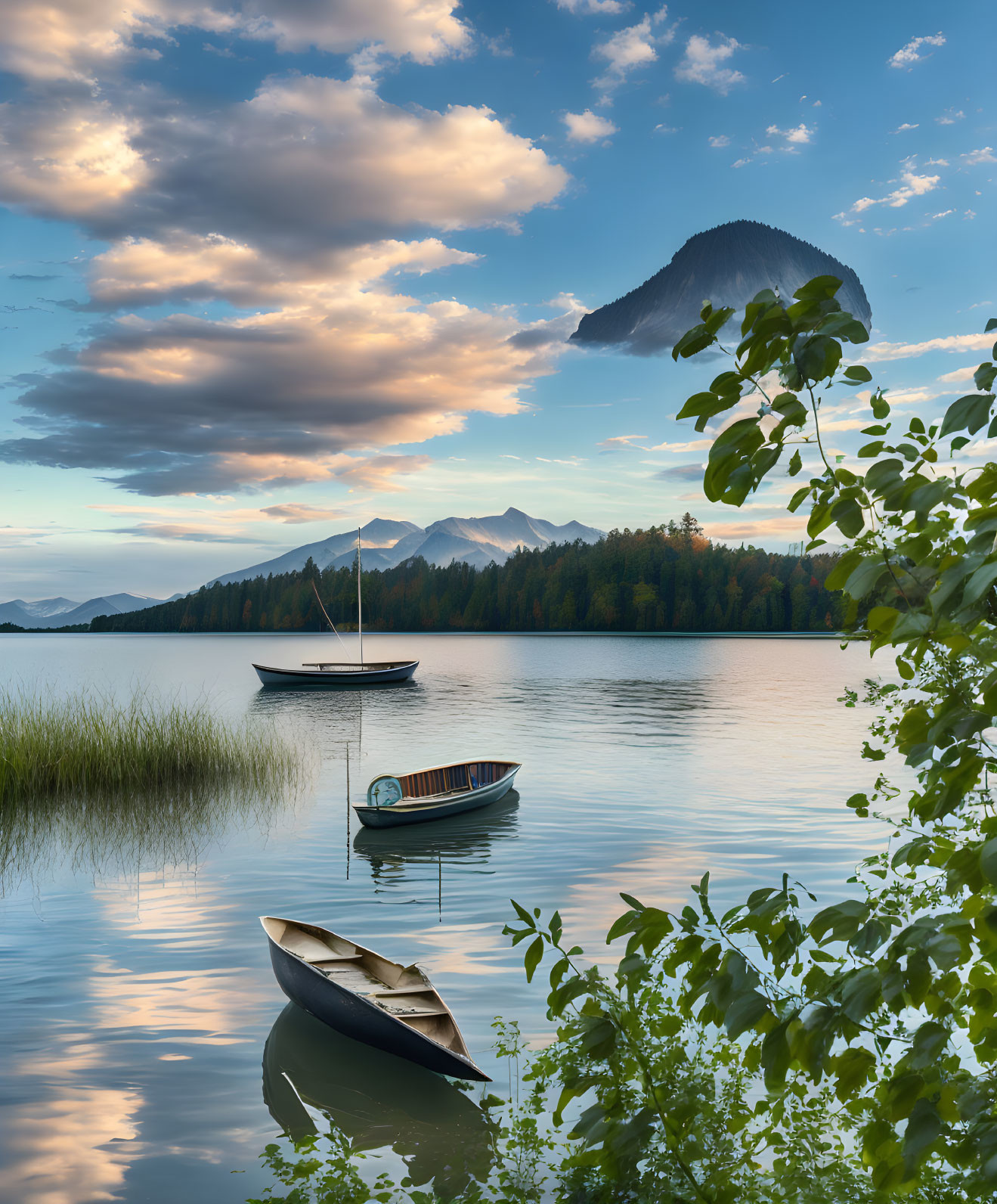 Tranquil lake scene with boats, rolling hills, and dramatic sky