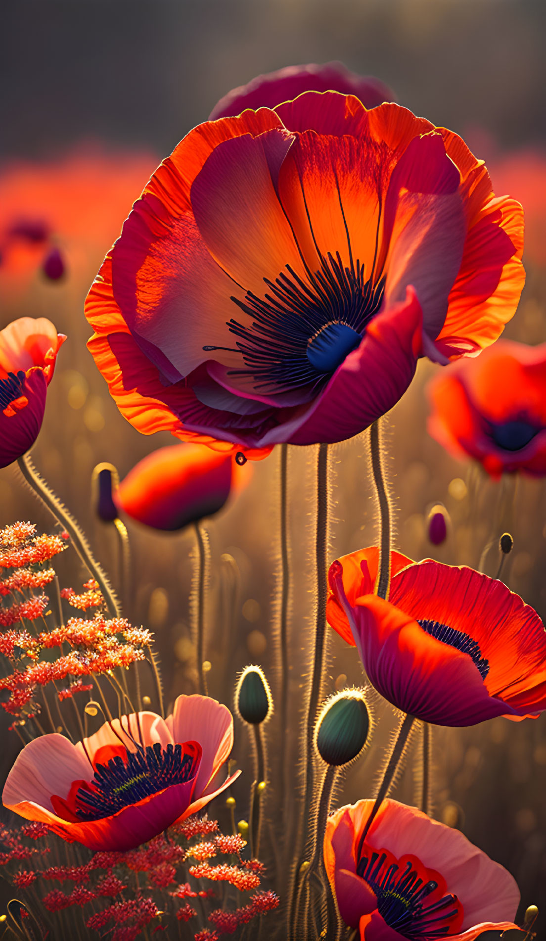 Field of vivid red poppies at sunset with warm bokeh background