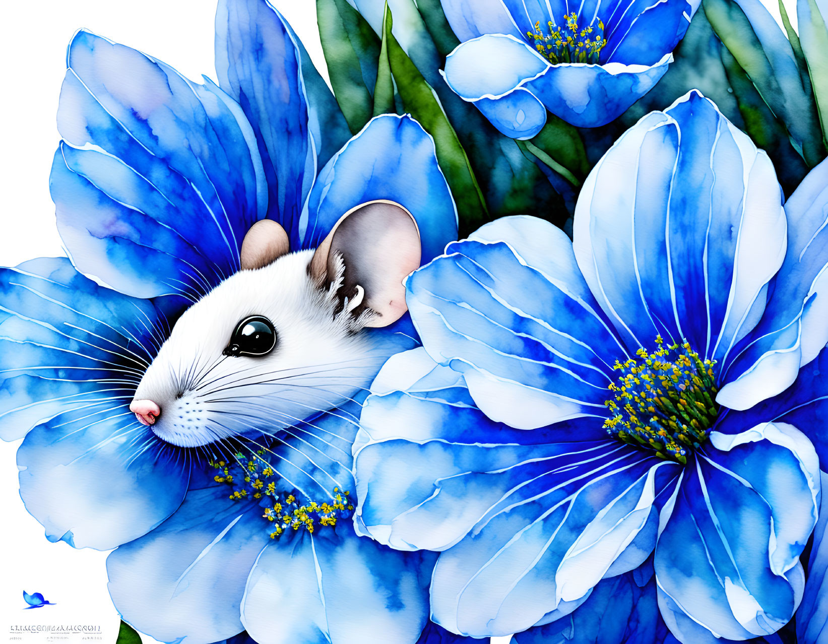 White Mouse with Gray Markings Among Blue Flowers and Green Leaves