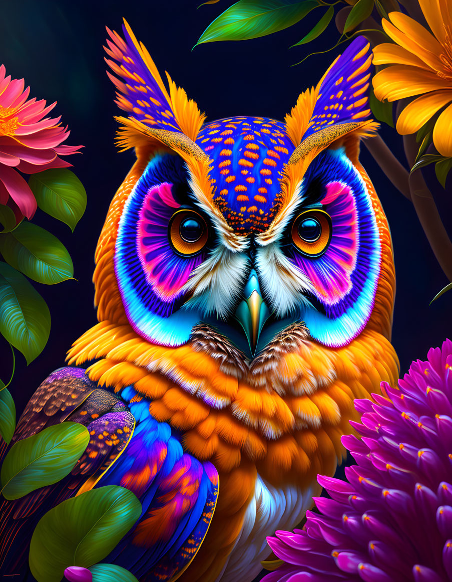 Colorful Owl Artwork with Intricate Patterns and Flowers on Dark Background