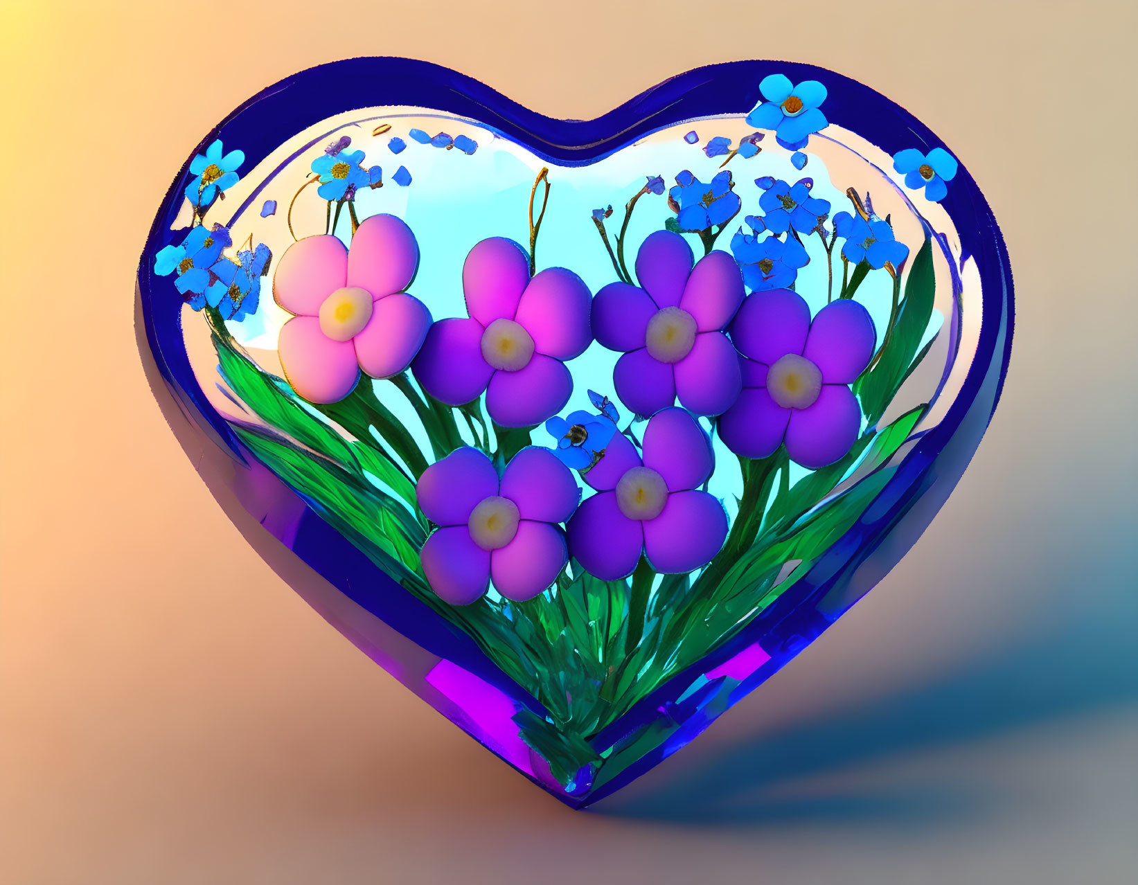 Heart-shaped glass object with purple and blue flowers and greenery in 3D render