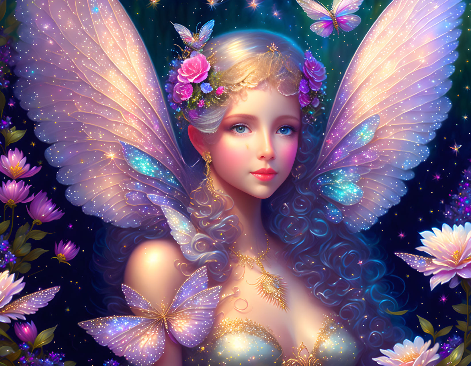 Fantasy artwork: Luminescent fairy with sparkling wings amid flowers