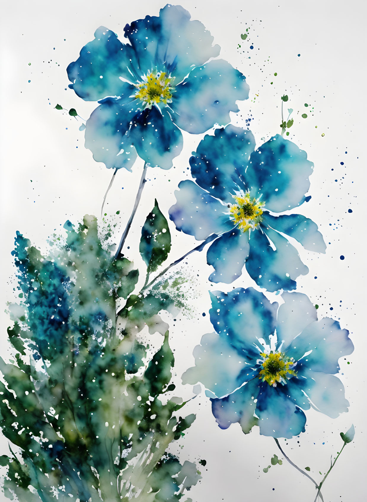 Blue flower watercolor painting with splatter details on white background