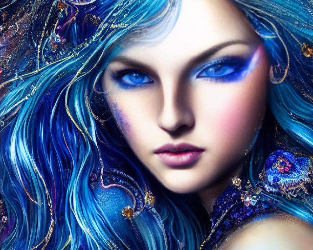 Fantasy figure with luminescent blue hair and jewel-encrusted attire