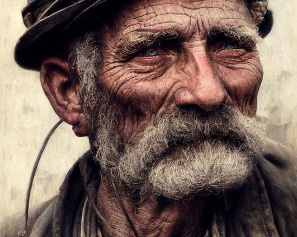 Elderly man with mustache in worn-out helmet and work clothes gazes into distance