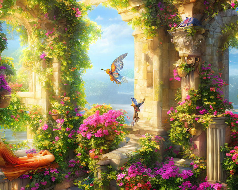 Vibrant fantasy garden with ancient stone arches and colorful birds